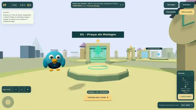 Cenário real da Jornada Premium no País 14, com a Praça do Relógio, a arara HUBMAT, minimapa e controles